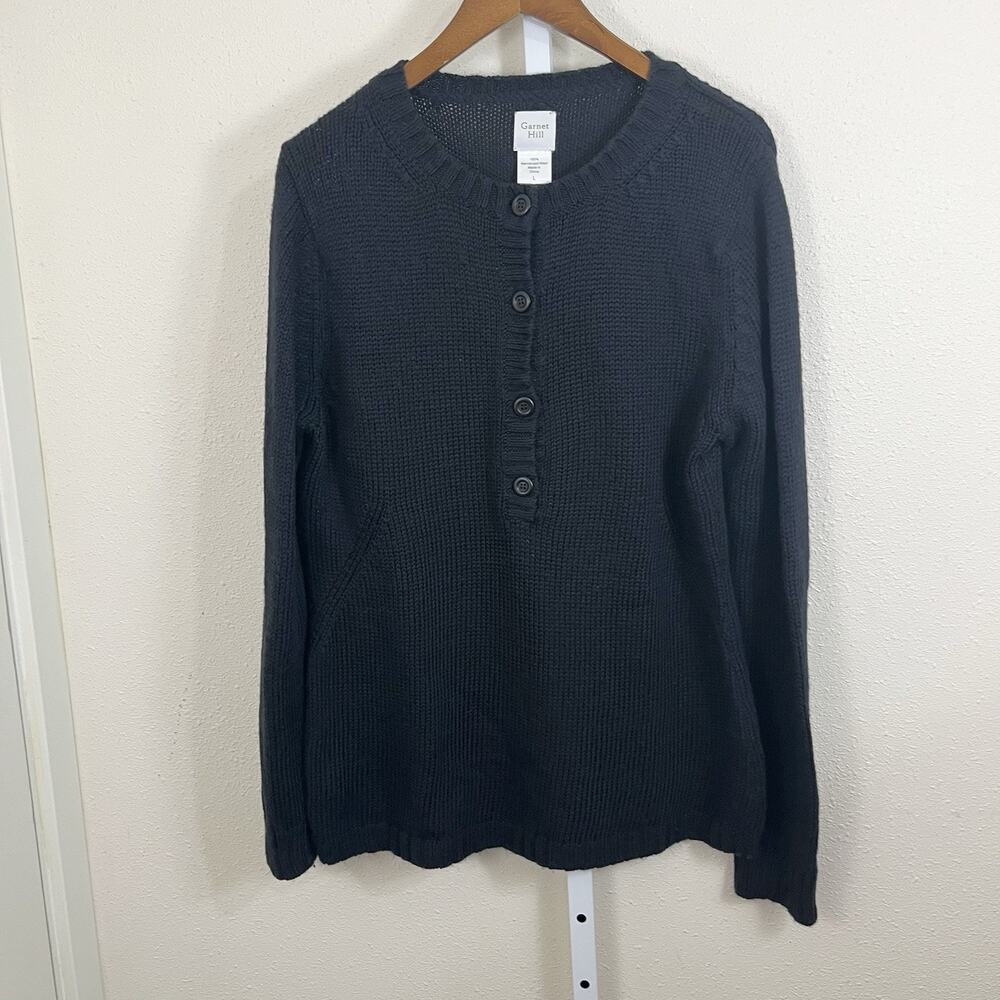 Garnet Hill Mercerized Wool Chunky Knit Henley Sweater Womens L Black